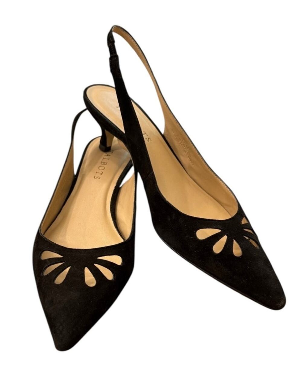 Talbots Black Suede Slingback Heels Pointed Toe Cutout Pumps 7.5 Elegant